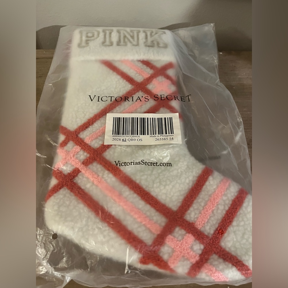 Victoria's Secret PINK Christmas Stocking White Sherpa Stripes Sealed L. Edition